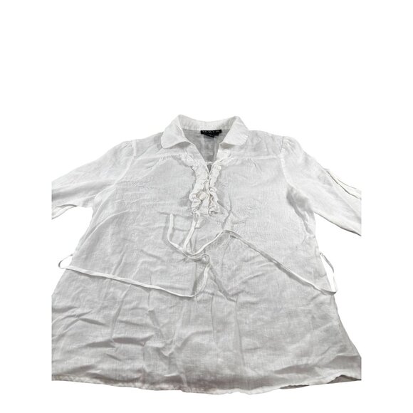 Tracy M. White Linen 3/4 Sleeve Blouse With Ruffle Front & Tie Back - Picture 6 of 10